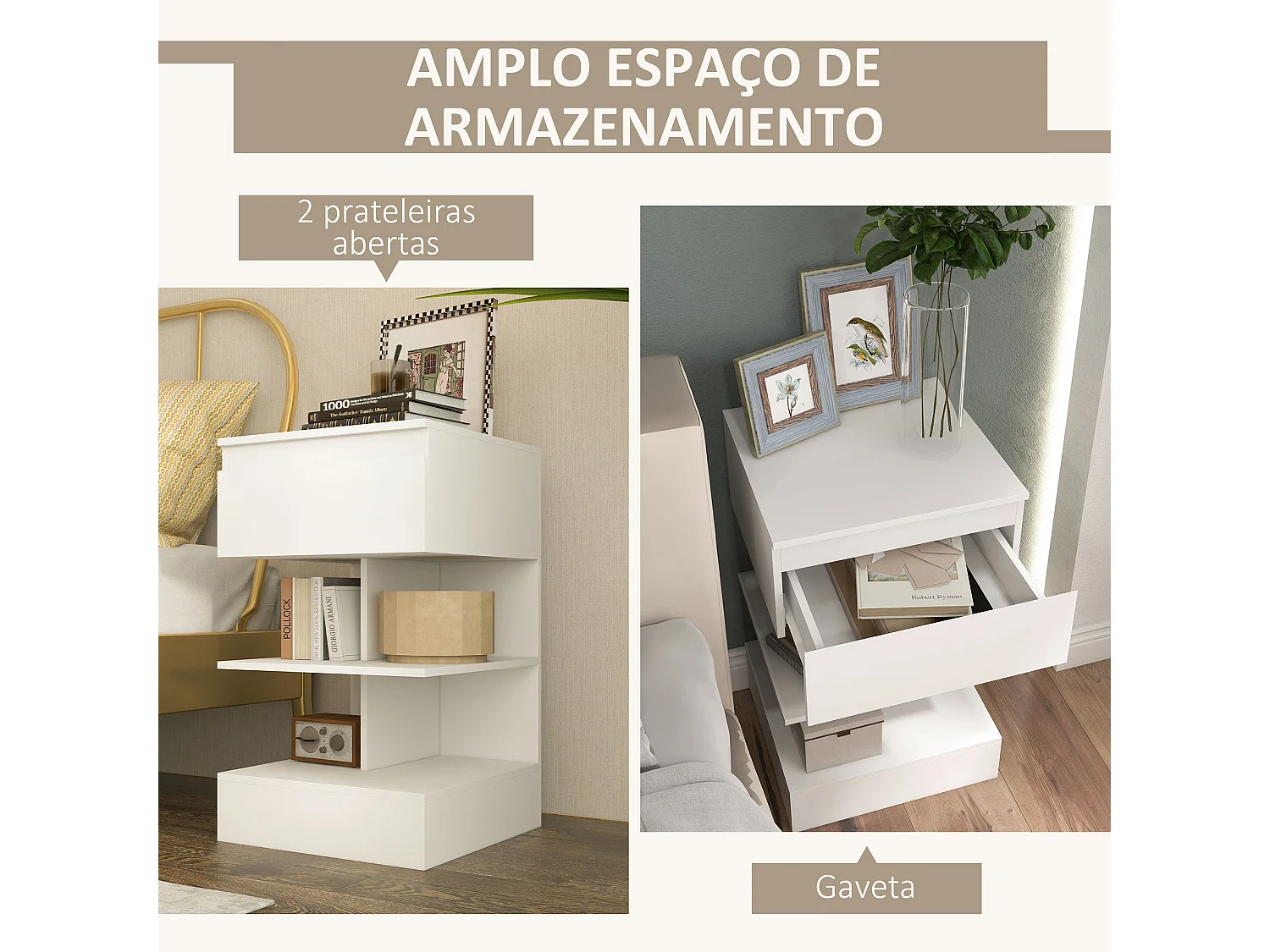 Mesita de noche Onís Homcom 1 cajón + 2 estantes blanco 65x39x39 cm