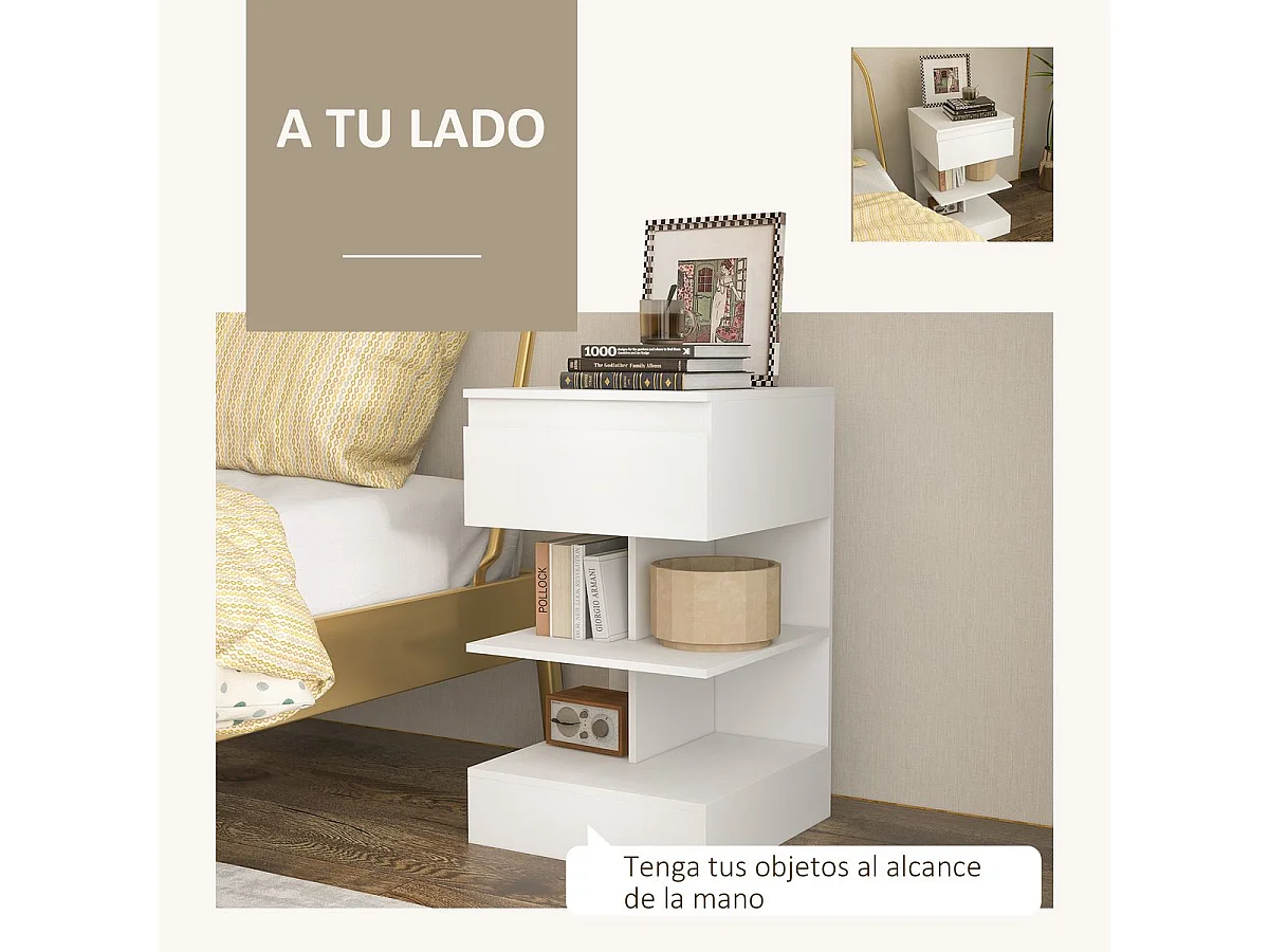 Mesita de noche Onís Homcom 1 cajón + 2 estantes blanco 65x39x39 cm