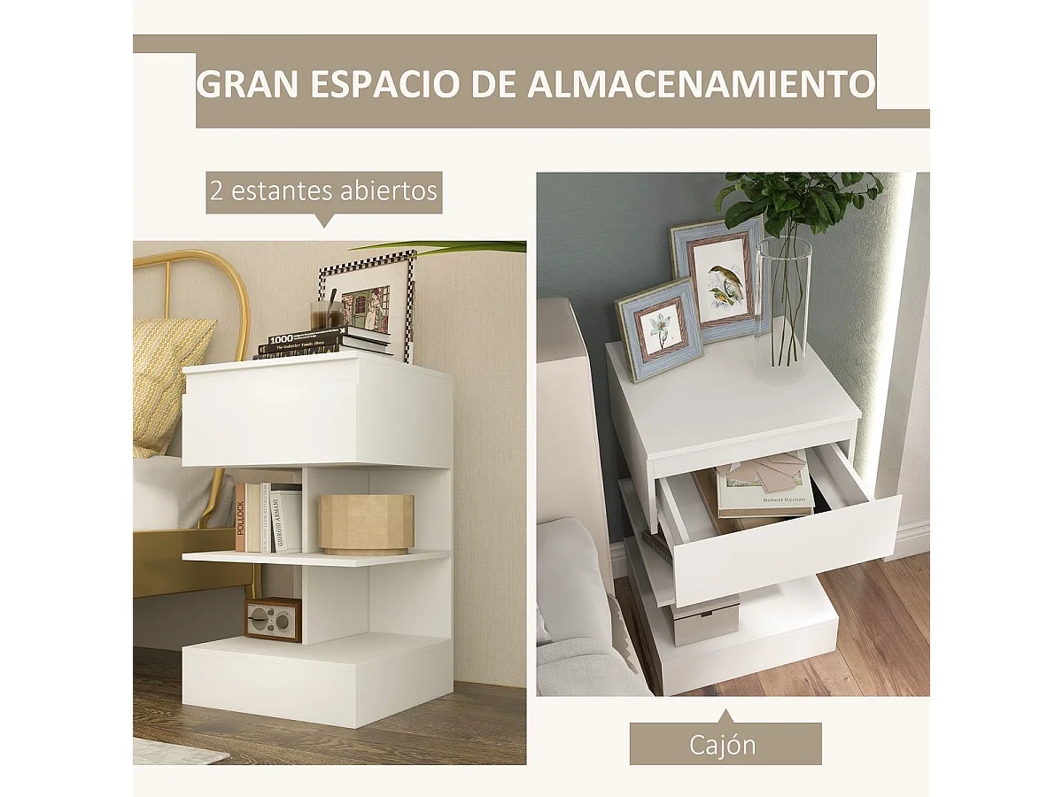 Mesita de noche Onís Homcom 1 cajón + 2 estantes blanco 65x39x39 cm