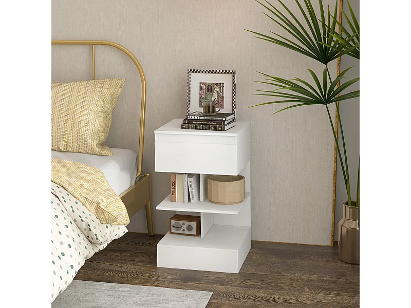 Mesa de Cabeceira Moderna com Gaveta e Prateleiras Abertas para Quarto e Escritório - Modelo Reykjavik 39x39x65 cm Branco