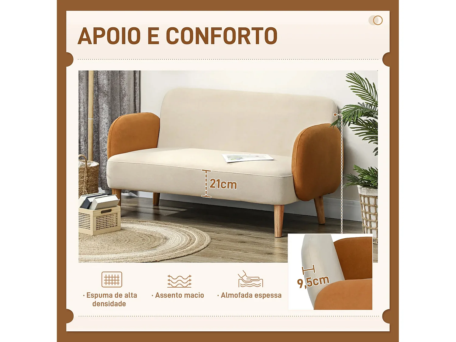 Sofá Fluffy Moderno de 2 Lugares em Veludo Bege e Ocre - Design Elegante e Compacto