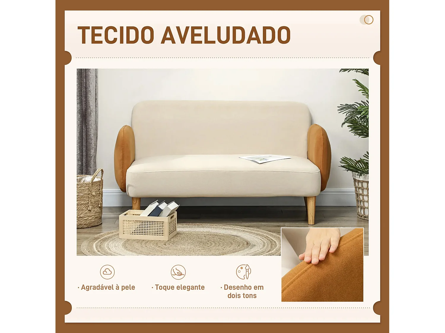 Sofá Fluffy Moderno de 2 Lugares em Veludo Bege e Ocre - Design Elegante e Compacto
