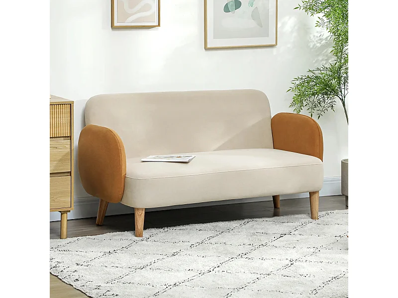 Sofá Fluffy Moderno de 2 Lugares em Veludo Bege e Ocre - Design Elegante e Compacto