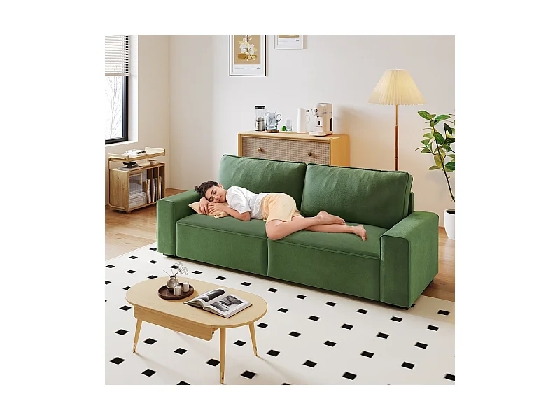 Canapé 3 places en chenille vert - avec grand accoudoirs - 220 x 83 x 88 cm