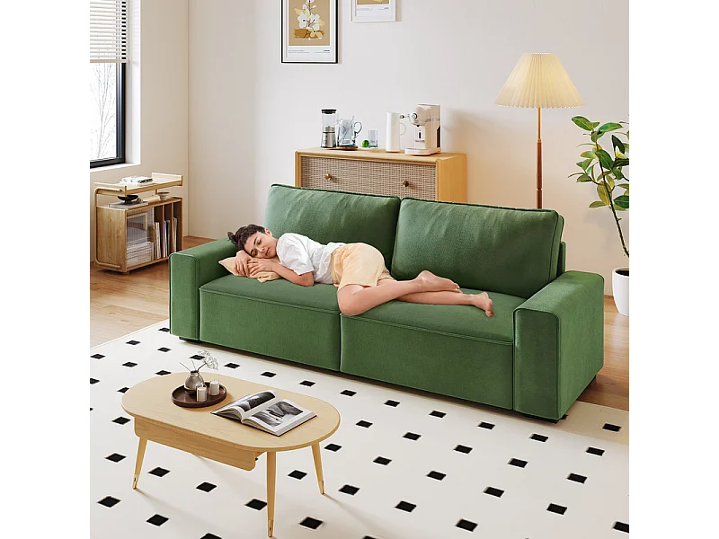 Canapé 3 places en chenille vert - avec grand accoudoirs - 220 x 83 x 88 cm