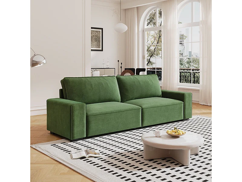 Canapé 3 places en chenille vert - avec grand accoudoirs - 220 x 83 x 88 cm