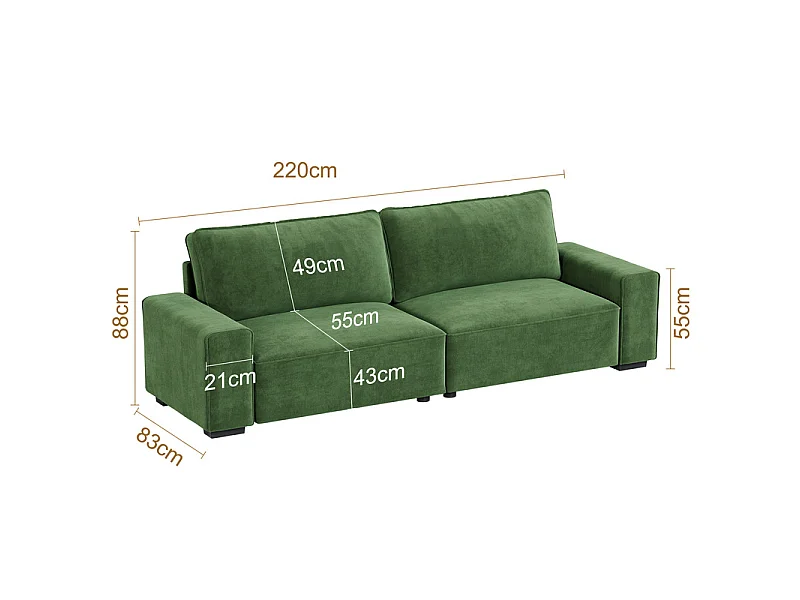 Canapé 3 places en chenille vert - avec grand accoudoirs - 220 x 83 x 88 cm