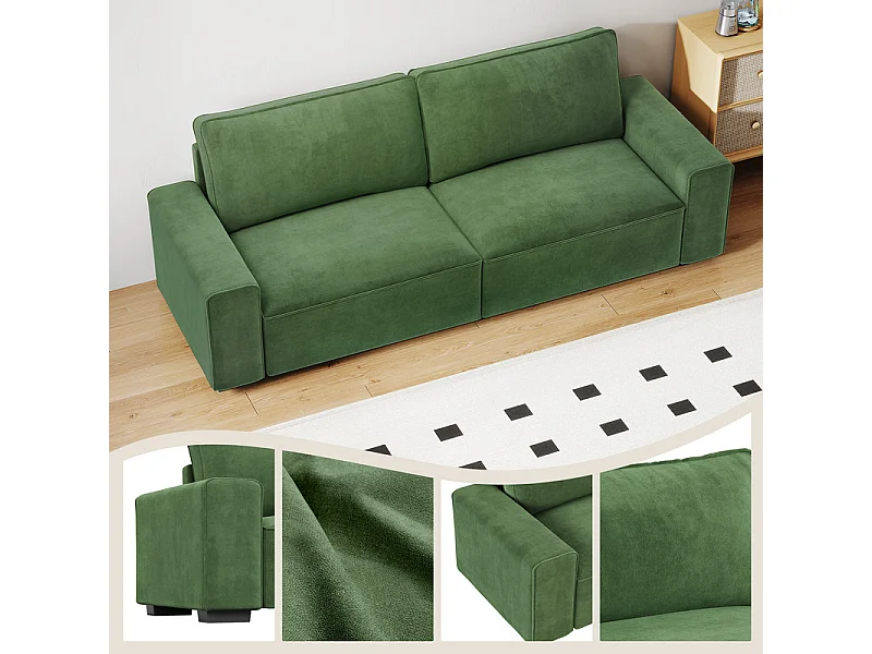 Canapé 3 places en chenille vert - avec grand accoudoirs - 220 x 83 x 88 cm