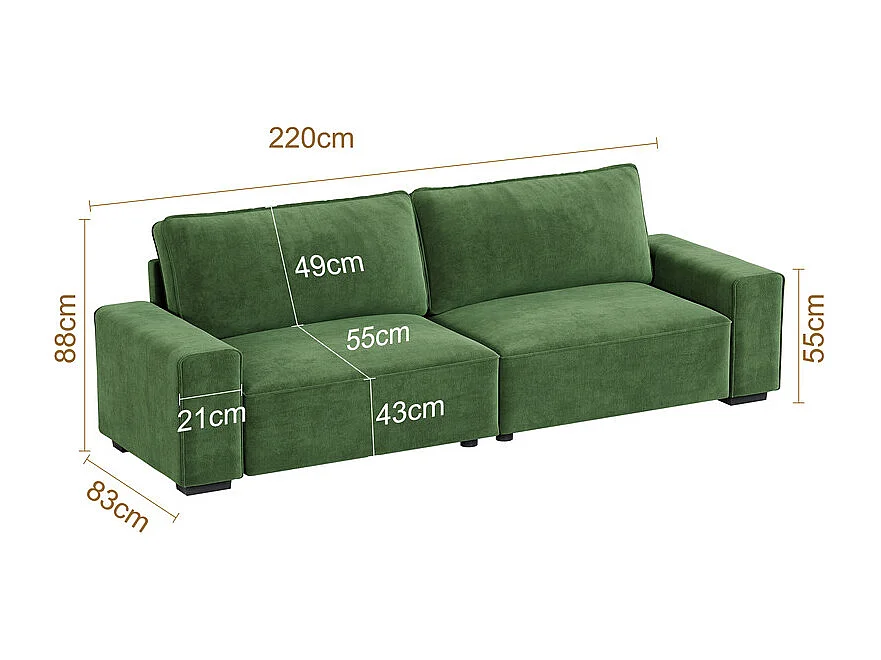 Canapé 3 places en chenille vert - avec grand accoudoirs - 220 x 83 x 88 cm