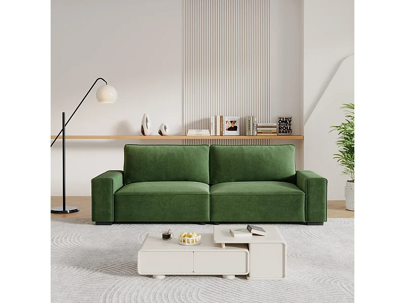 Canapé 3 places en chenille vert - avec grand accoudoirs - 220 x 83 x 88 cm