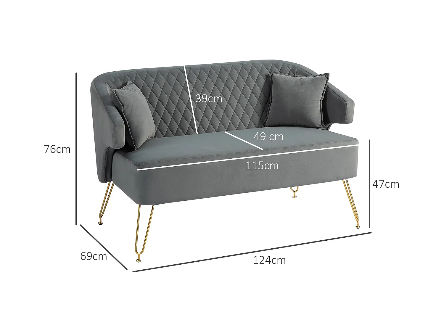 Sofá Azaki Homcom 2 plazas + almohadas + reposabrazos gris 76x124x69 cm