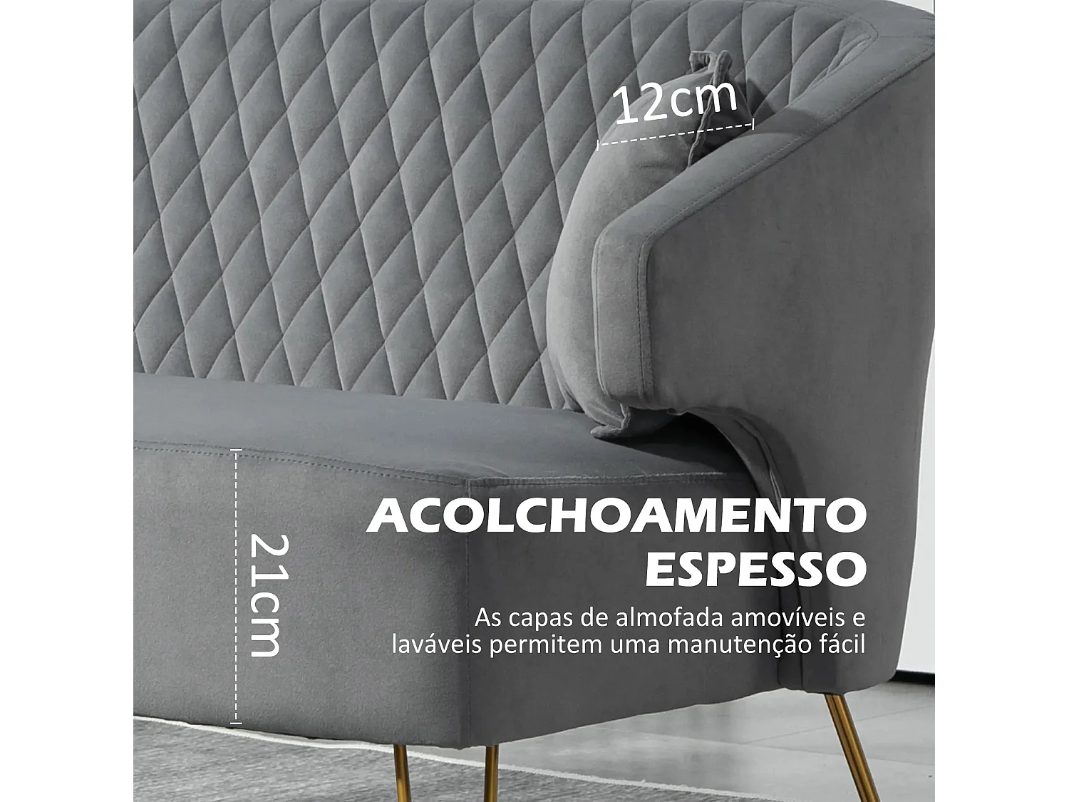 Sofá Elegance de 2 Lugares em Veludo Cinza com Pés Dourados e Almofadas Confortáveis