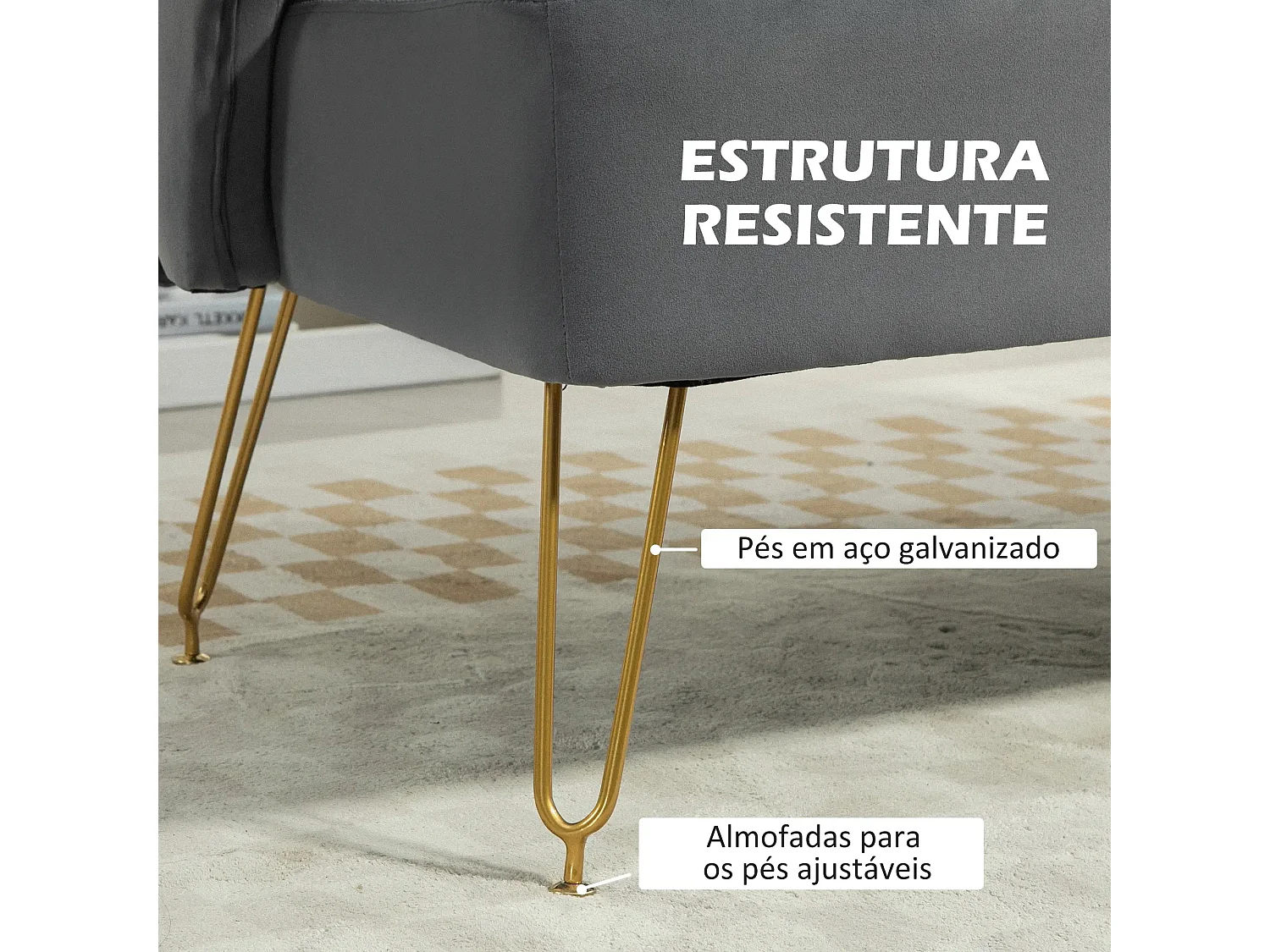 Sofá Elegance de 2 Lugares em Veludo Cinza com Pés Dourados e Almofadas Confortáveis