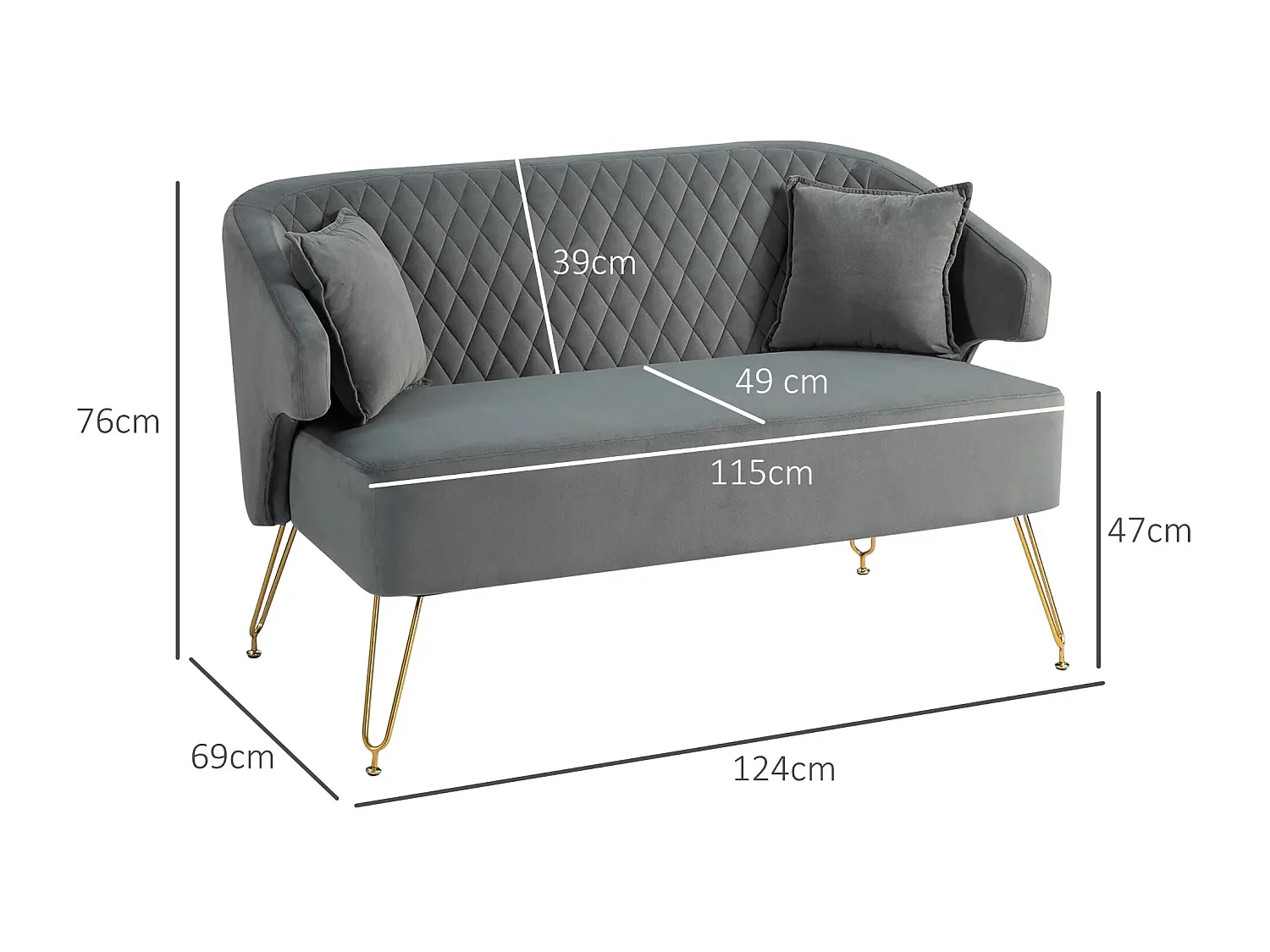 Sofá Elegance de 2 Lugares em Veludo Cinza com Pés Dourados e Almofadas Confortáveis