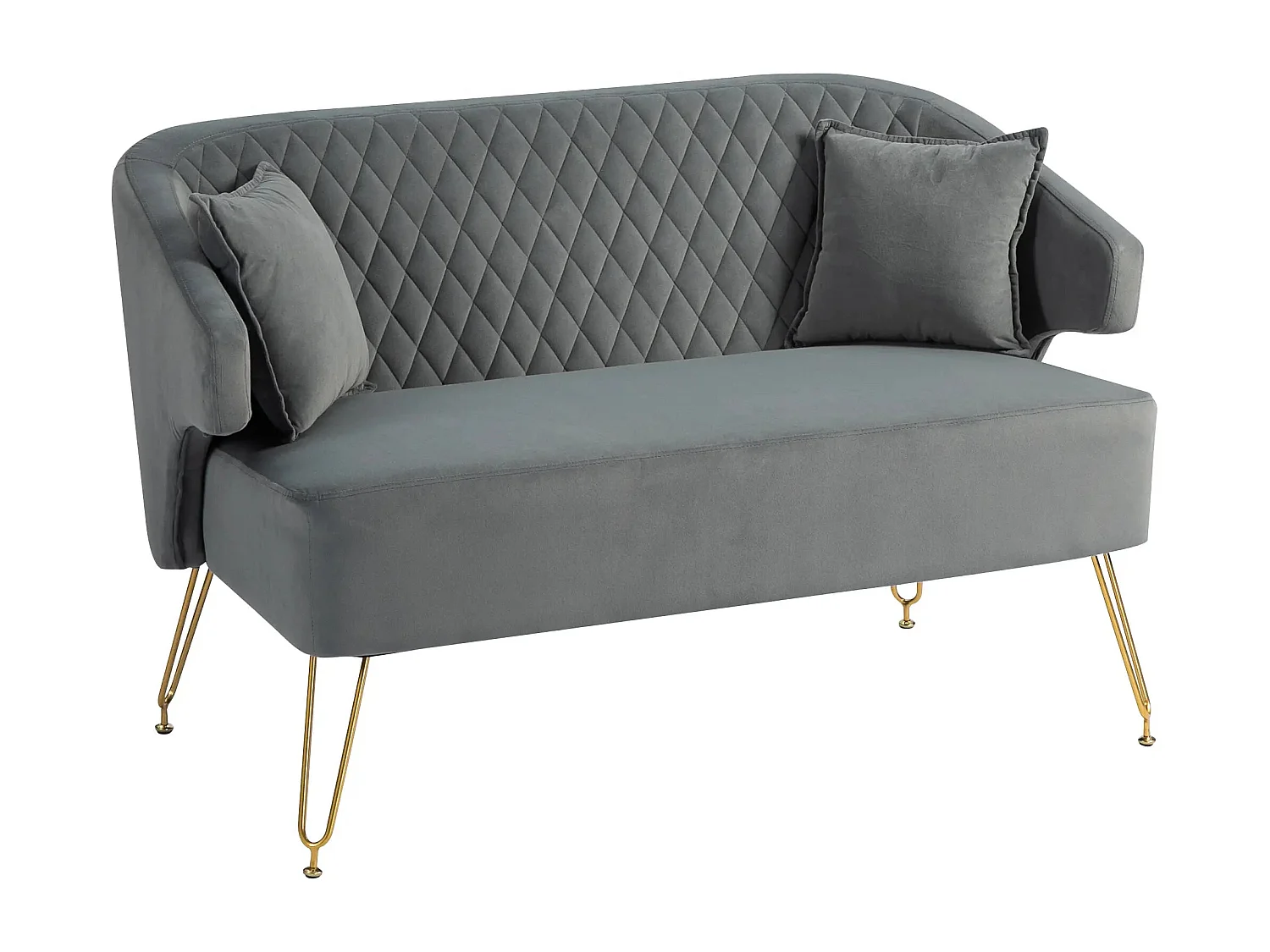 Sofá Elegance de 2 Lugares em Veludo Cinza com Pés Dourados e Almofadas Confortáveis