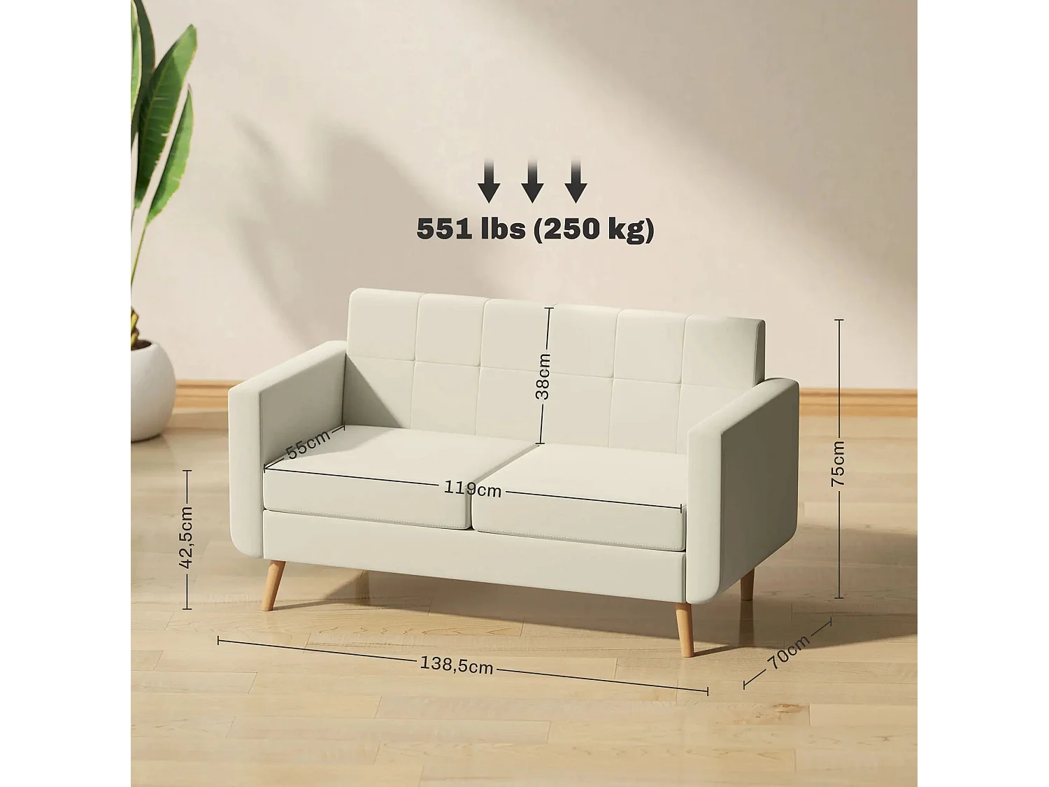 Sofá Sere Homcom 2 plazas con reposabrazos crema 75x138,5x70 cm