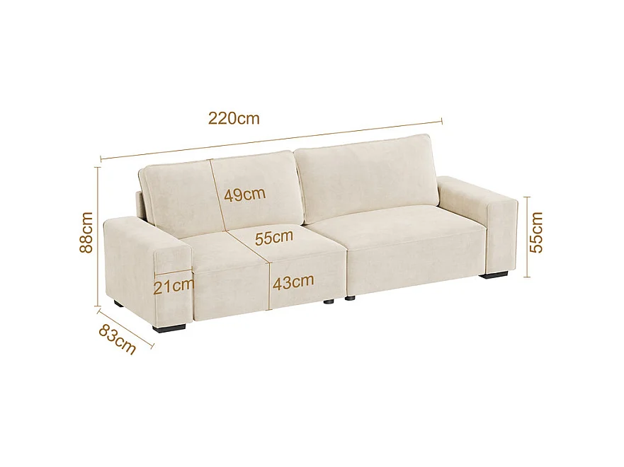 3-zits bank chenille beige - met brede armleuningen - 220 x 83 x 88 cm