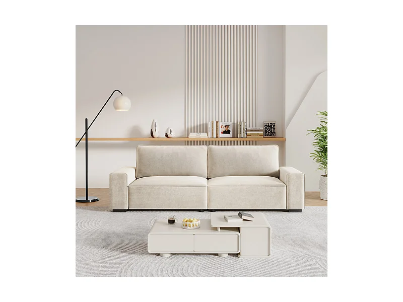 Canapé 3 places en chenille beige - avec grand accoudoirs - 220 x 83 x 88 cm