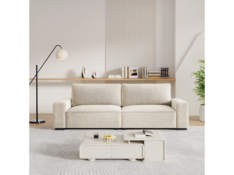 Canapé 3 places en chenille beige - avec grand accoudoirs - 220 x 83 x 88 cm