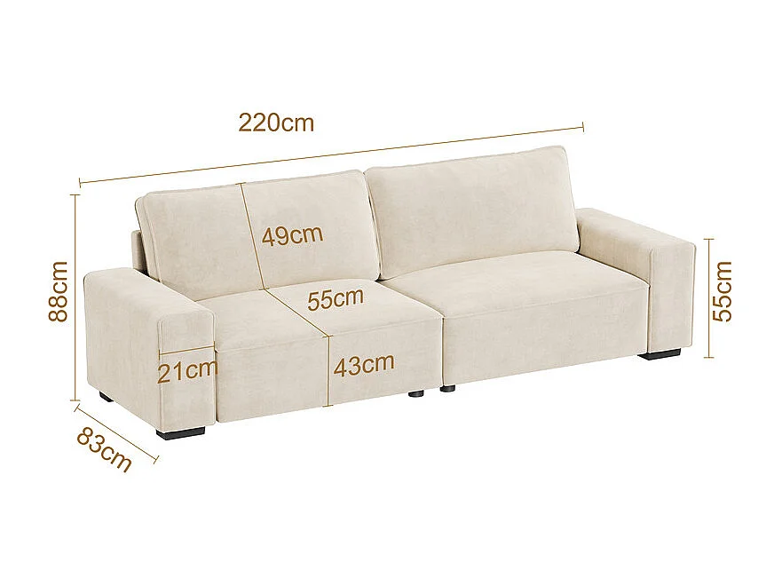 Canapé 3 places en chenille beige - avec grand accoudoirs - 220 x 83 x 88 cm
