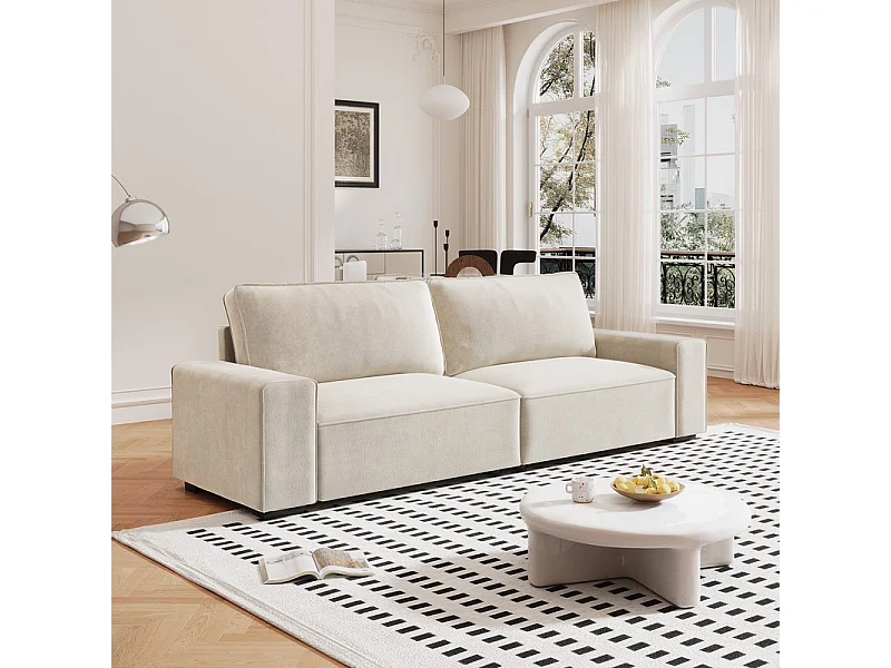 Canapé 3 places en chenille beige - avec grand accoudoirs - 220 x 83 x 88 cm