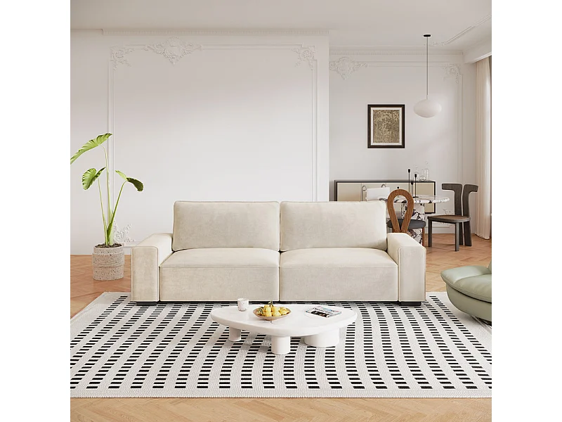 Canapé 3 places en chenille beige - avec grand accoudoirs - 220 x 83 x 88 cm