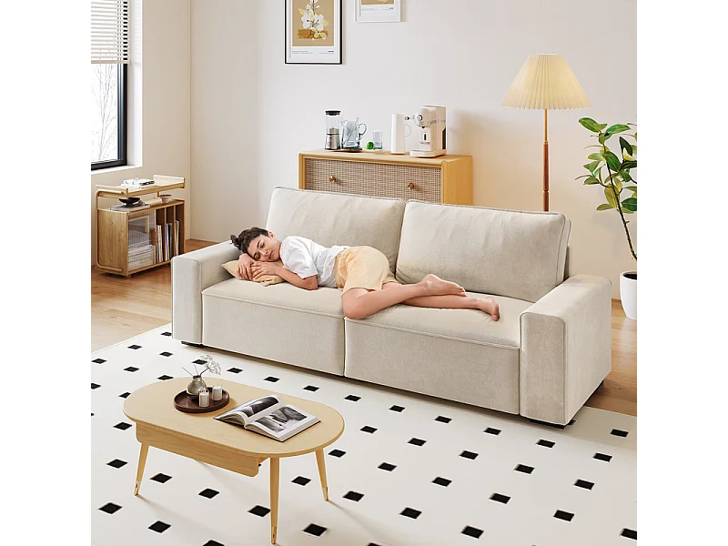 Canapé 3 places en chenille beige - avec grand accoudoirs - 220 x 83 x 88 cm