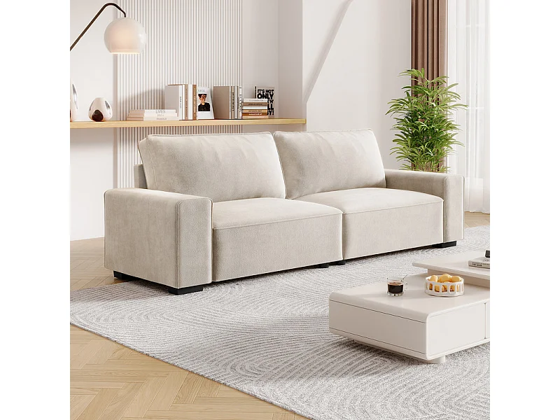 Canapé 3 places en chenille beige - avec grand accoudoirs - 220 x 83 x 88 cm