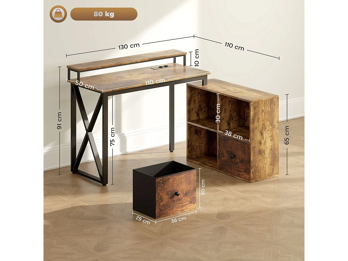 Escritorio Pigwidgeon Homcom luz LED + estación de carga + estantería natural