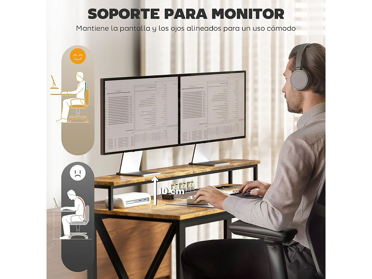 Escritorio Pigwidgeon Homcom luz LED + estación de carga + estantería natural