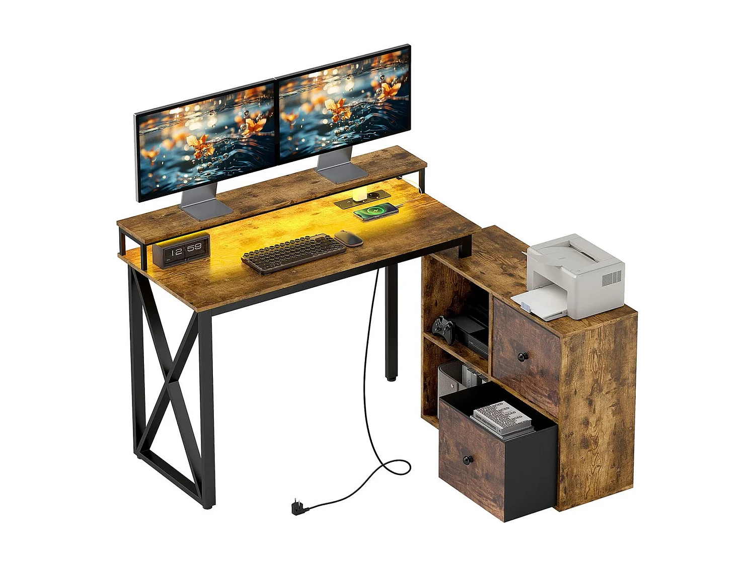 Escritorio Pigwidgeon Homcom luz LED + estación de carga + estantería natural