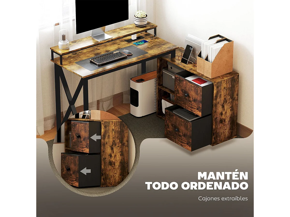 Escritorio Pigwidgeon Homcom luz LED + estación de carga + estantería natural