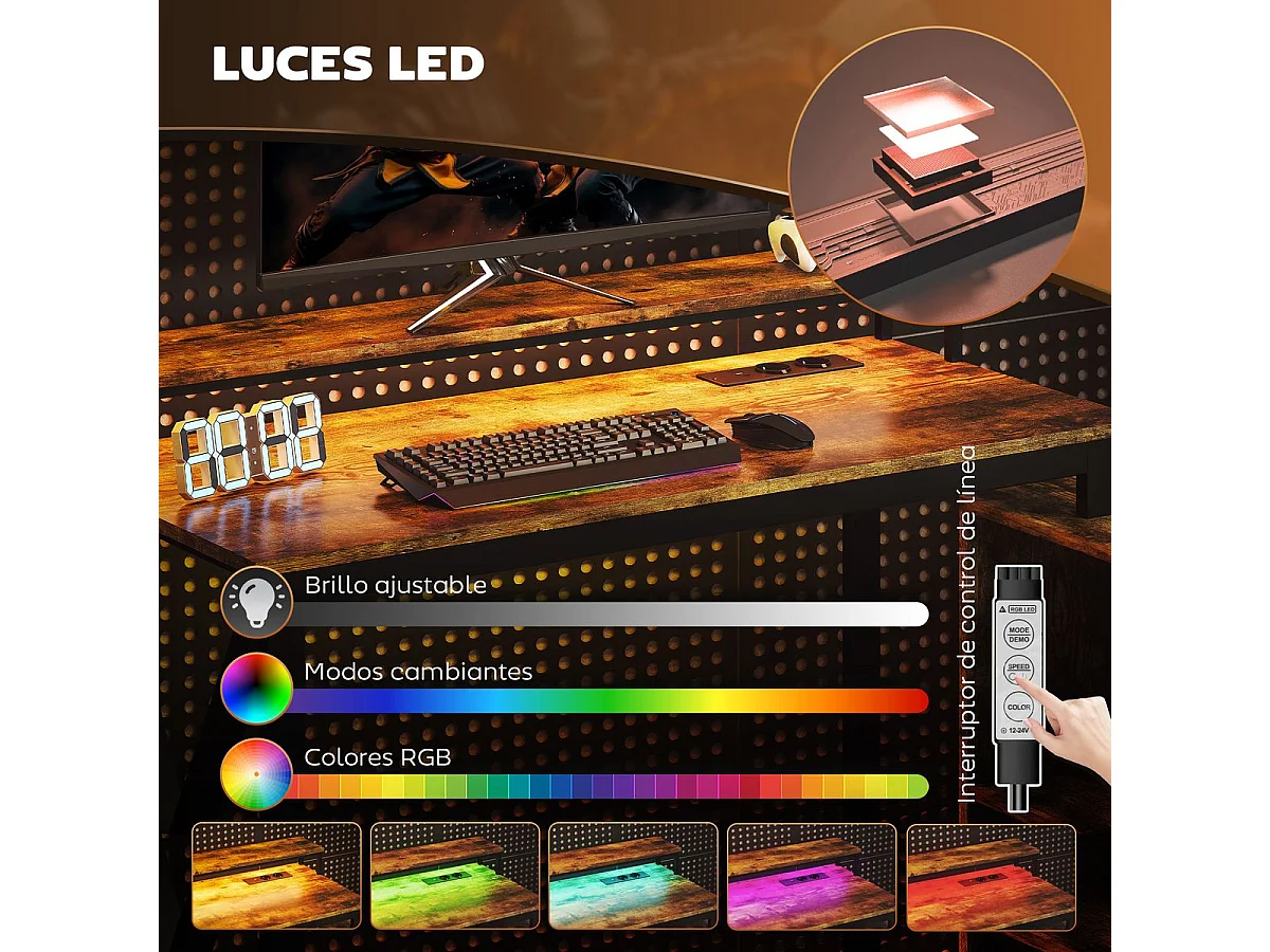 Escritorio Pigwidgeon Homcom luz LED + estación de carga + estantería natural