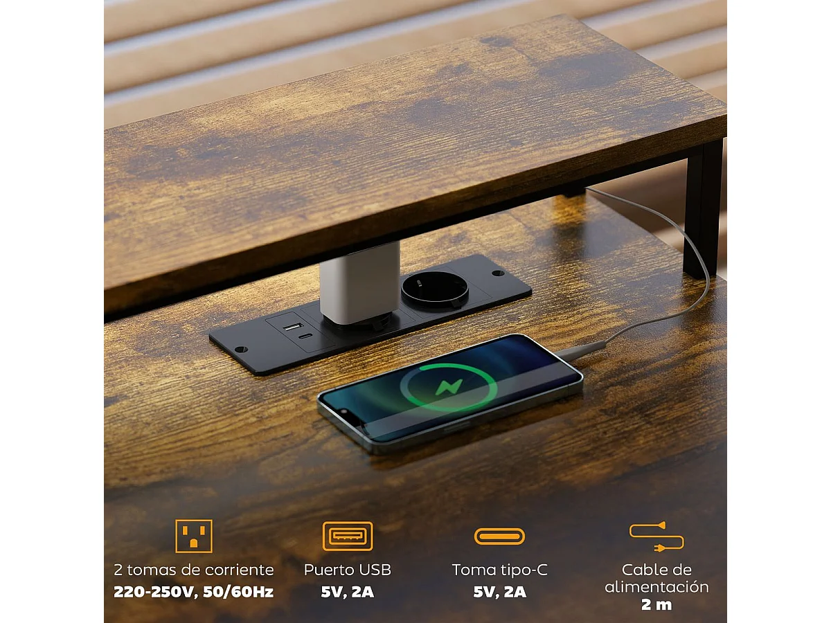 Escritorio Pigwidgeon Homcom luz LED + estación de carga + estantería natural