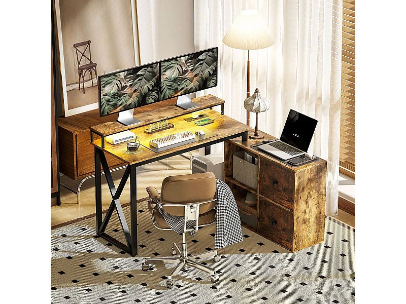 Escritorio Pigwidgeon Homcom luz LED + estación de carga + estantería natural