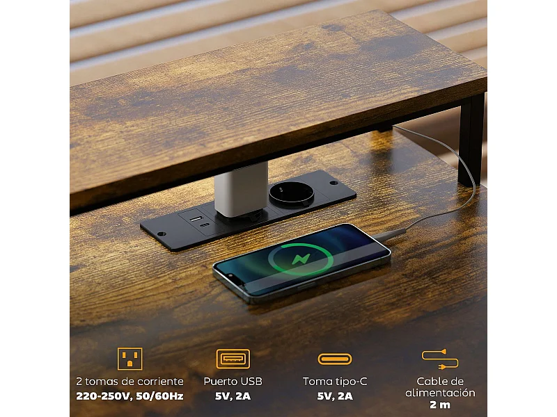 Escritorio Pigwidgeon Homcom luz LED + estación de carga + estantería natural