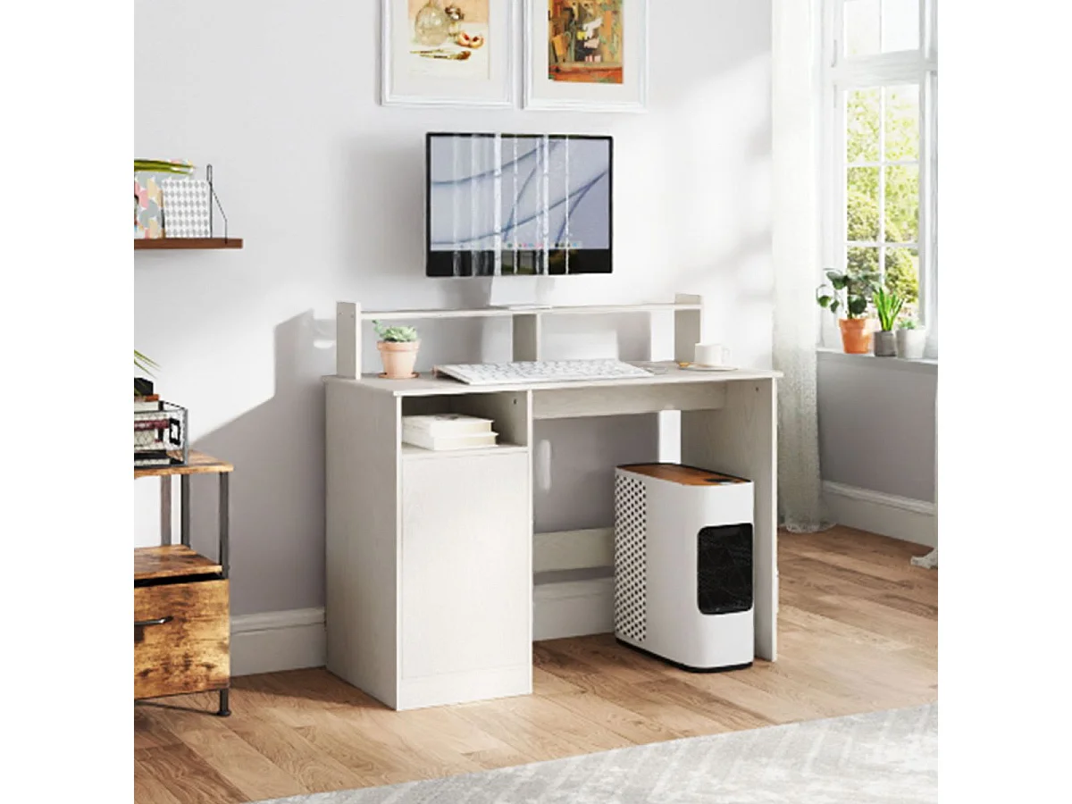 Escritorio Celeste Homcom soporte para monitor + armario crema 94x108x50 cm