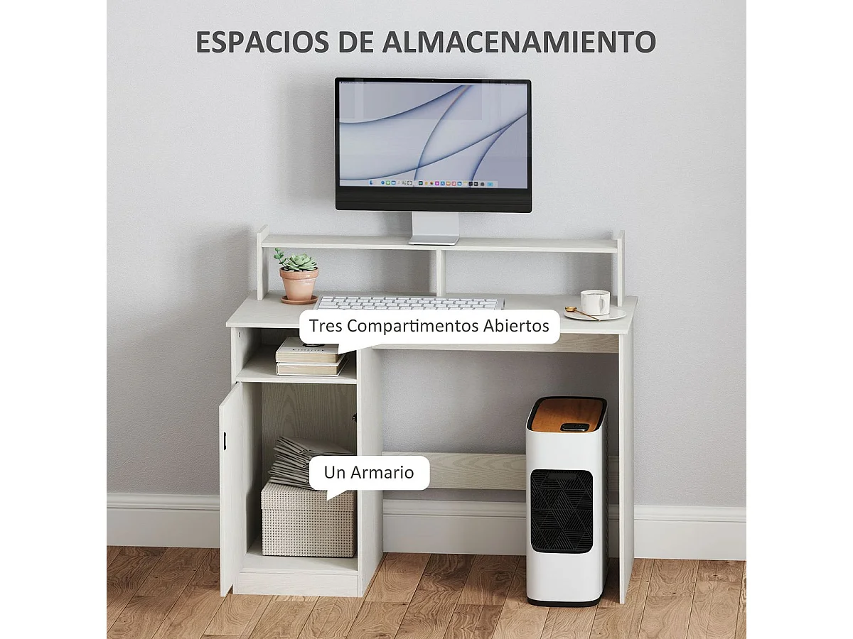 Escritorio Celeste Homcom soporte para monitor + armario crema 94x108x50 cm