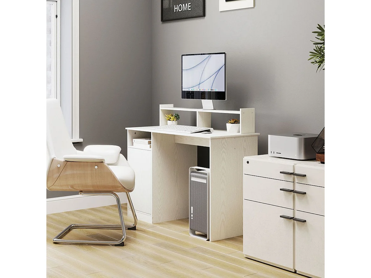 Escritorio Celeste Homcom soporte para monitor + armario crema 94x108x50 cm