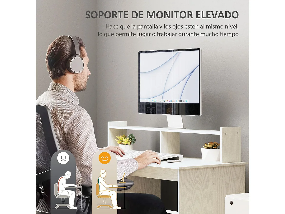 Escritorio Celeste Homcom soporte para monitor + armario crema 94x108x50 cm