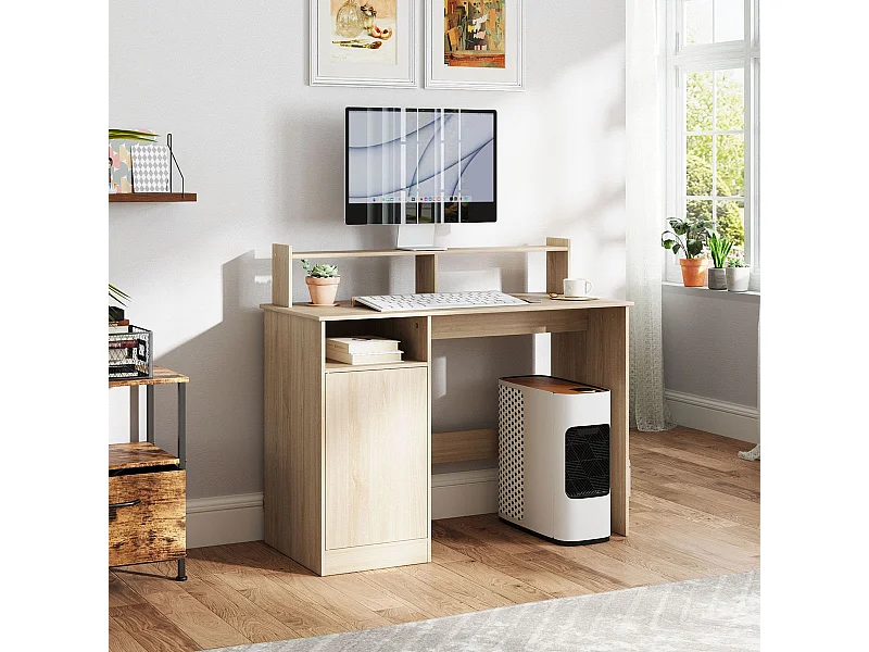 Escritorio Celeste Homcom soporte para monitor + armario natural 94x108x50 cm