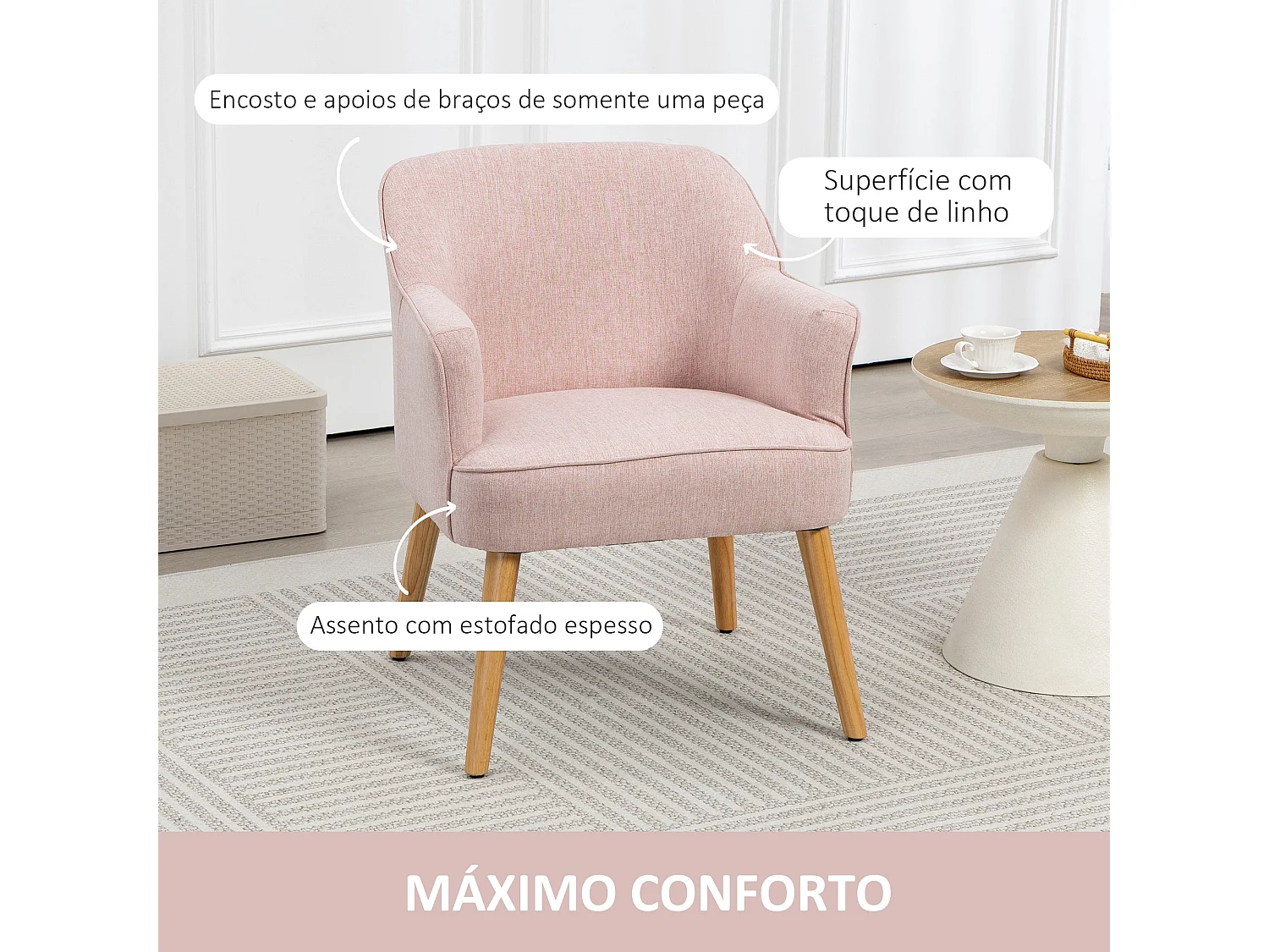 Poltrona Estilo Nórdico em Linho Rosa com Pés de Madeira para Sala, Escritório e Estúdio - Modelo Nancy