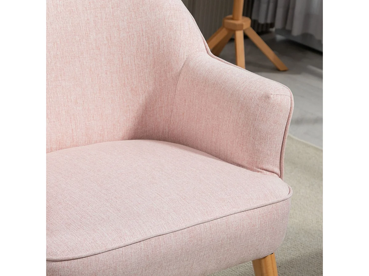 Poltrona Estilo Nórdico em Linho Rosa com Pés de Madeira para Sala, Escritório e Estúdio - Modelo Nancy