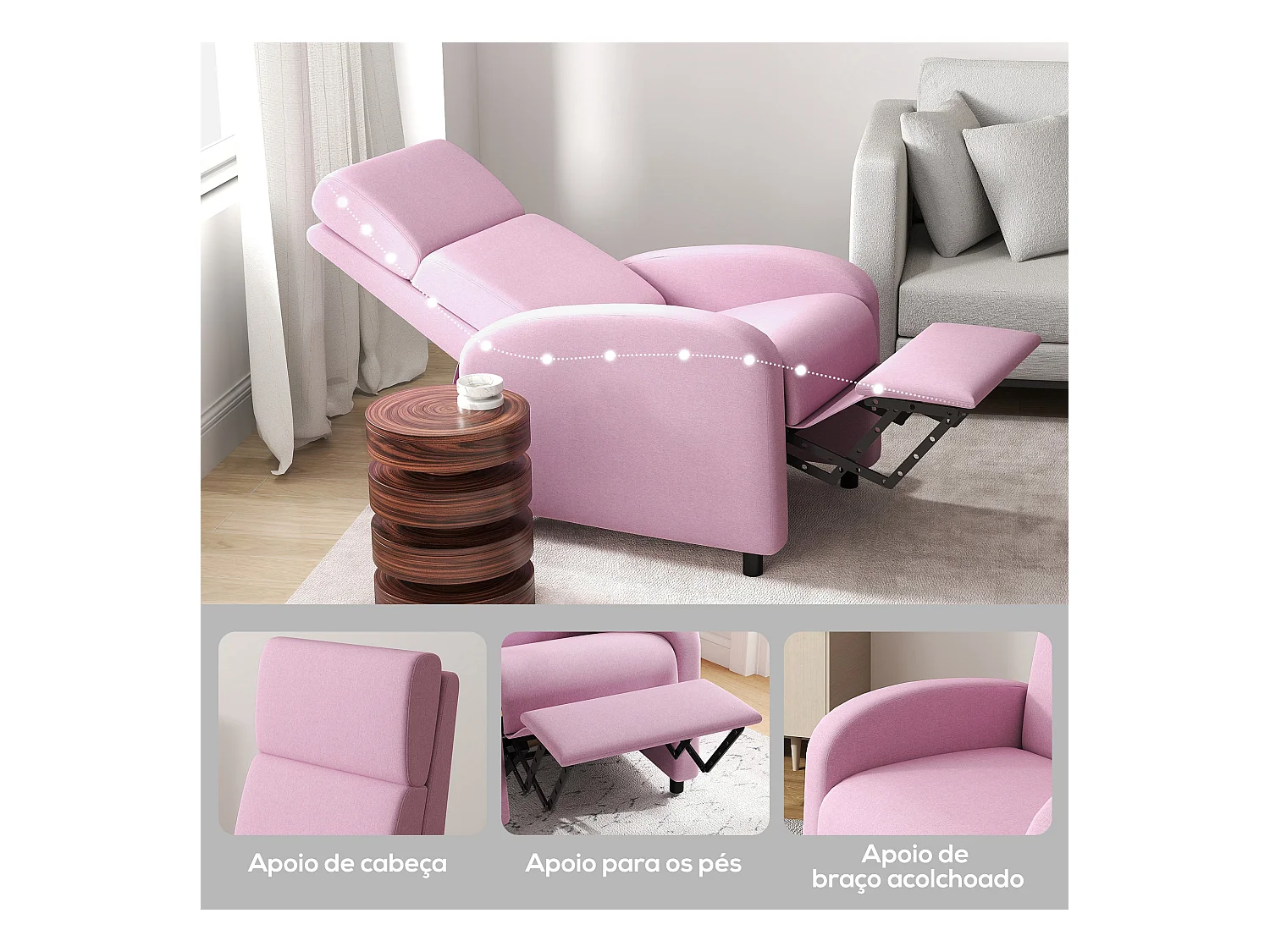 Sillón relax Balboa Homcom reclinable rosa 102x64x86 cm