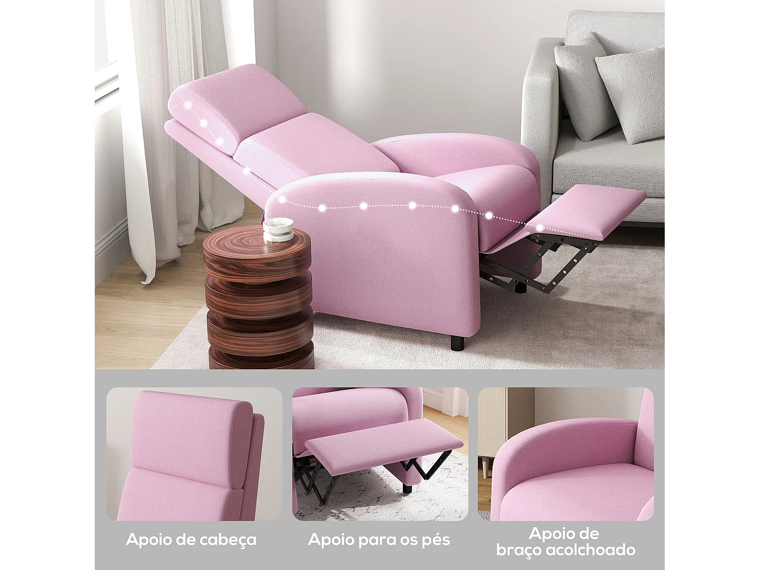 Poltrona Reclinável Manual em Linho Rosa para Conforto e Estilo na Sua Casa