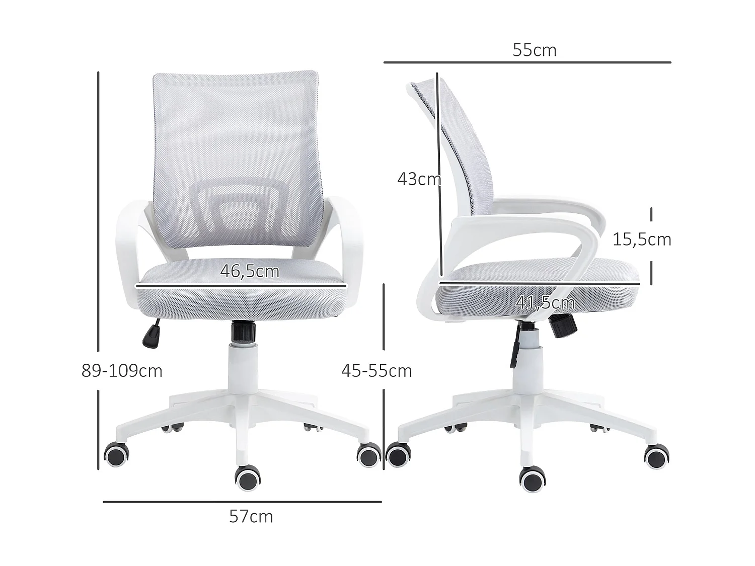 Silla de oficina Waco Homcom basculante con reposabrazos + ruedas gris 89-109x57x55 cm