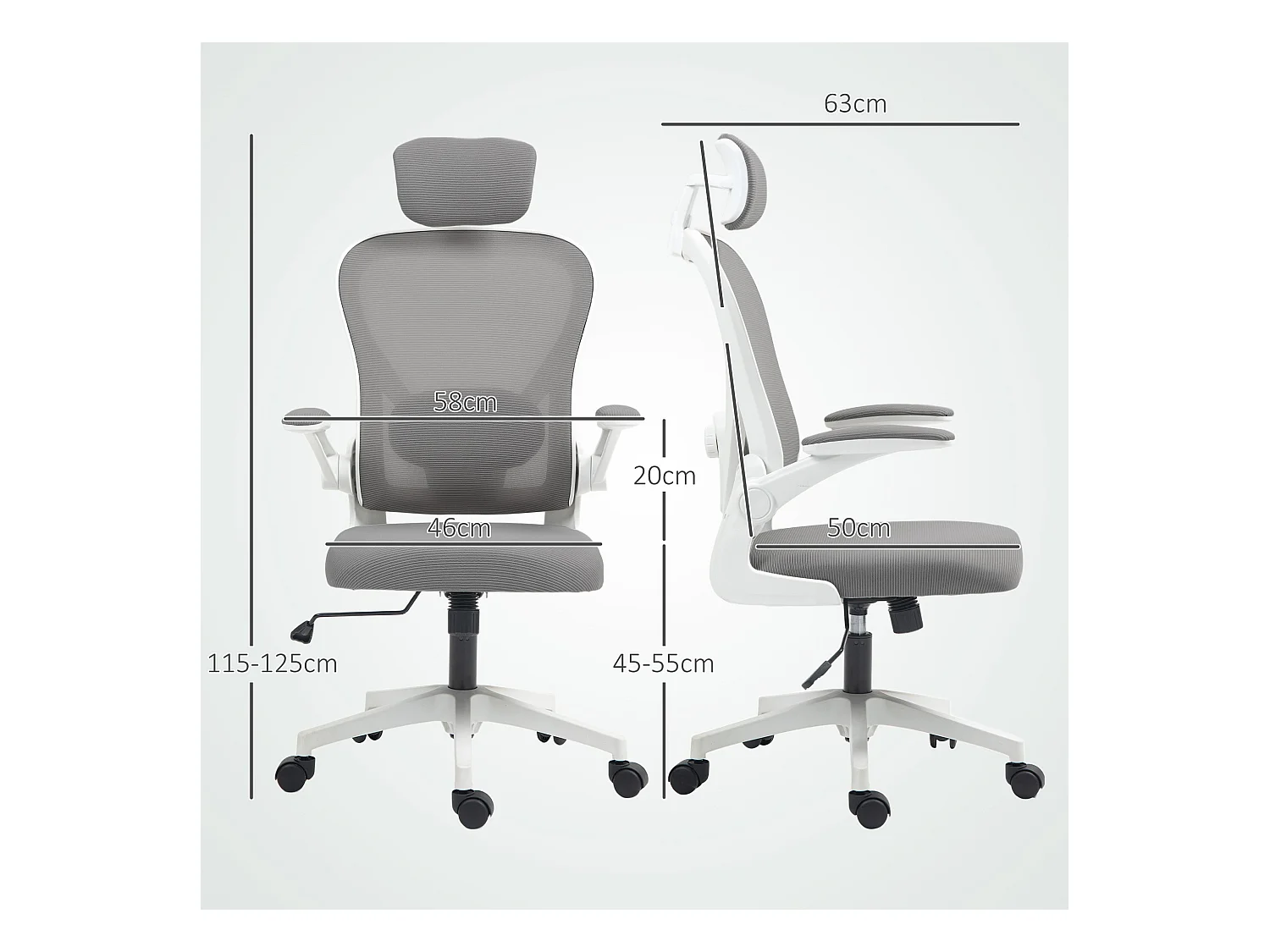 Silla de oficina Maya Homcom transpirable + reposacabezas gris 115-125x58x63 cm