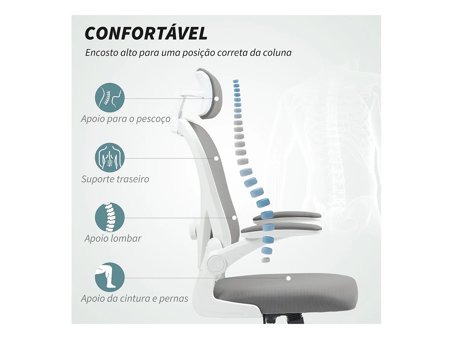 Silla de oficina Maya Homcom transpirable + reposacabezas gris 115-125x58x63 cm