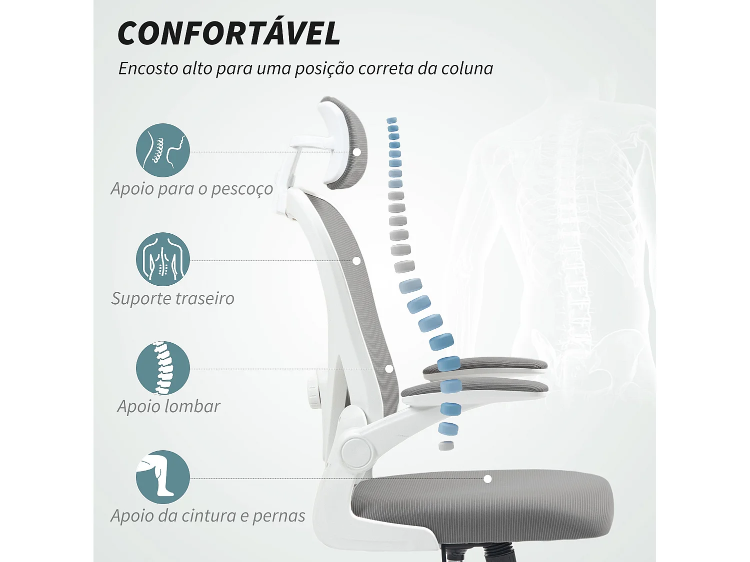 Cadeira de Escritório Giratória com Apoio de Cabeça e Suporte Lombar Ajustáveis - Modelo Cefalù em Cinza