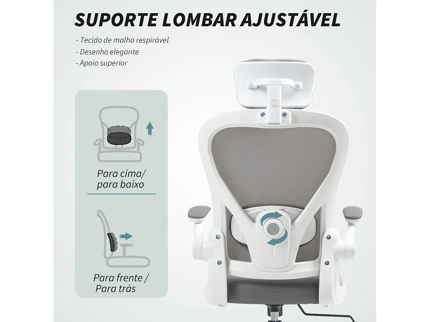 Cadeira de Escritório Giratória com Apoio de Cabeça e Suporte Lombar Ajustáveis - Modelo Cefalù em Cinza